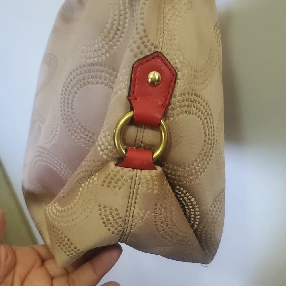 Coach Ashley Dotted Op Convertible Tan Red Bag Signature C Detail Sze 14.5 X 9.5